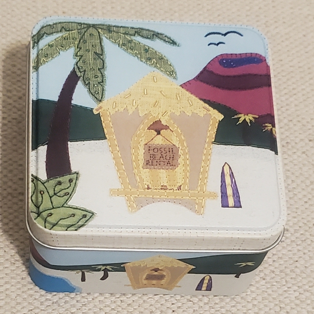Fossil Watch Tin, Vintage From 2002, 3 1/2" Square x 2 1/4" Tall Beach Scenes.